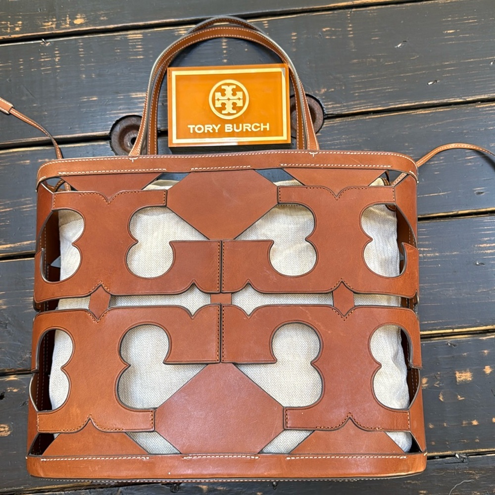 Tory Burch LARGE Cutout Logo Leather Tote Bag -  Measures approx 16” x 13” x 7”